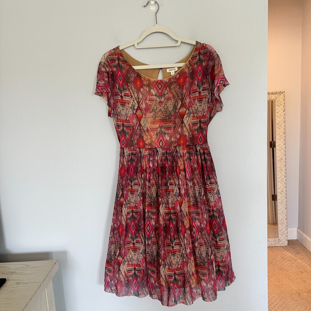 Weston Anthro Fit & Flare Simi Mesh Dress Size S Tulle Lined Pink Boho Geometric